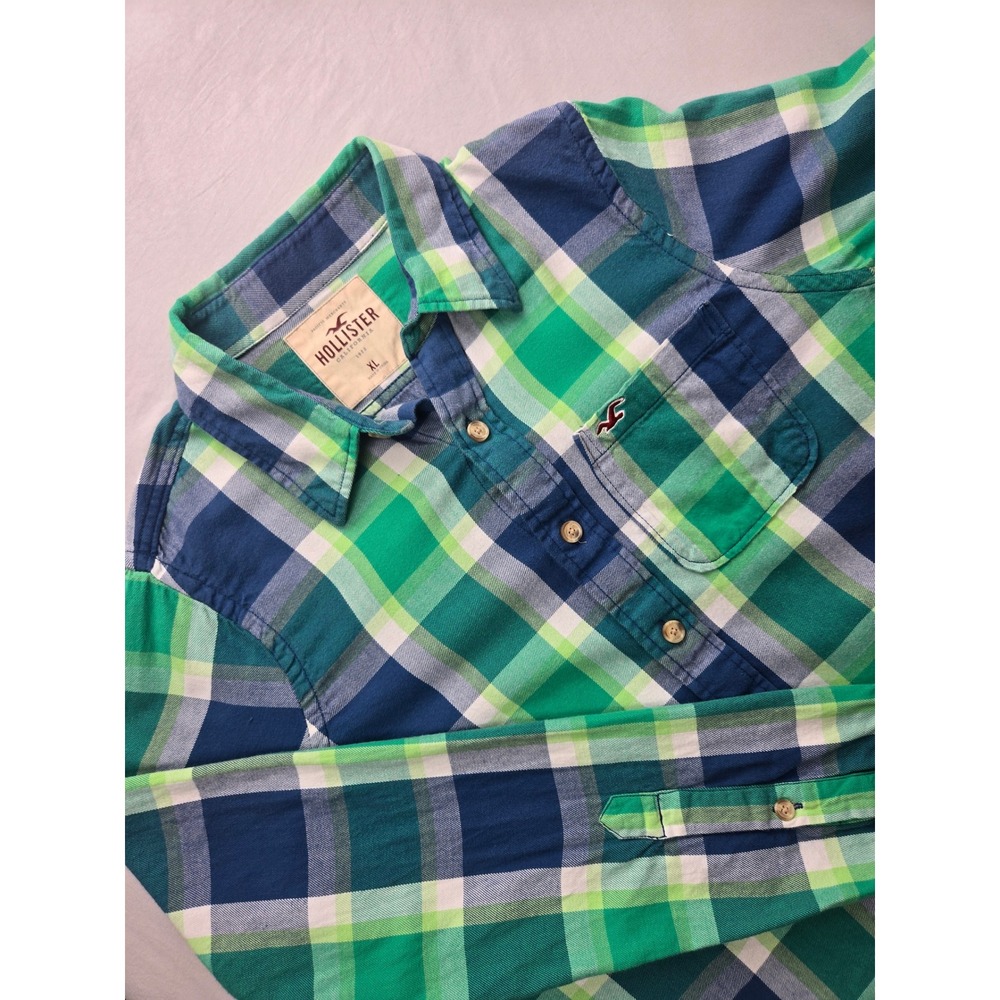 Hollister California Plaid Long Sleeve Button Up Shirt Men's XL Green Blue White
